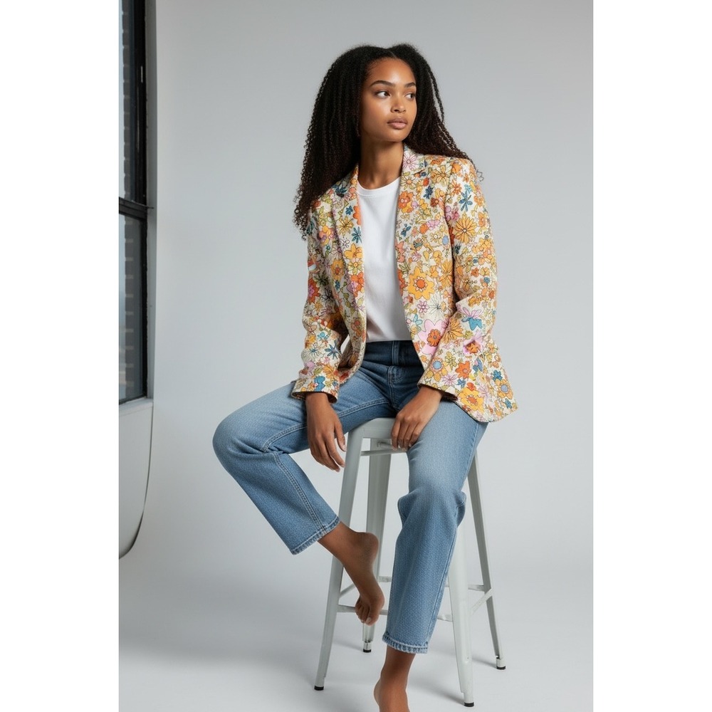 Retro Babe Co Floral Print Blazer Notched Lapel Single Button Jacket Multicolor